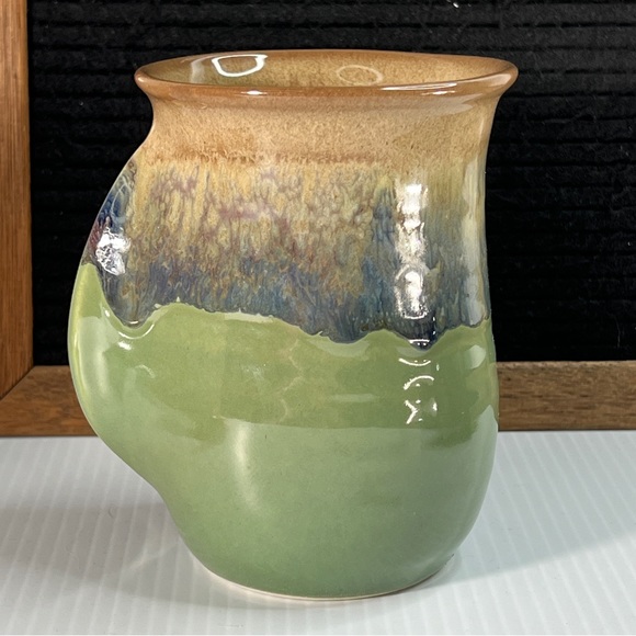 Clay in Motion Pottery Hand Warmer Mug Signed Neher Drip Glazed Green Blue Brown - Picture 9 of 11